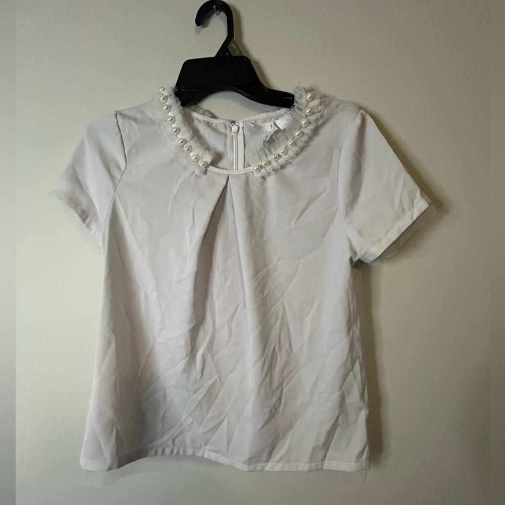 Chic White Pearl-Trimmed Women's Blouse
